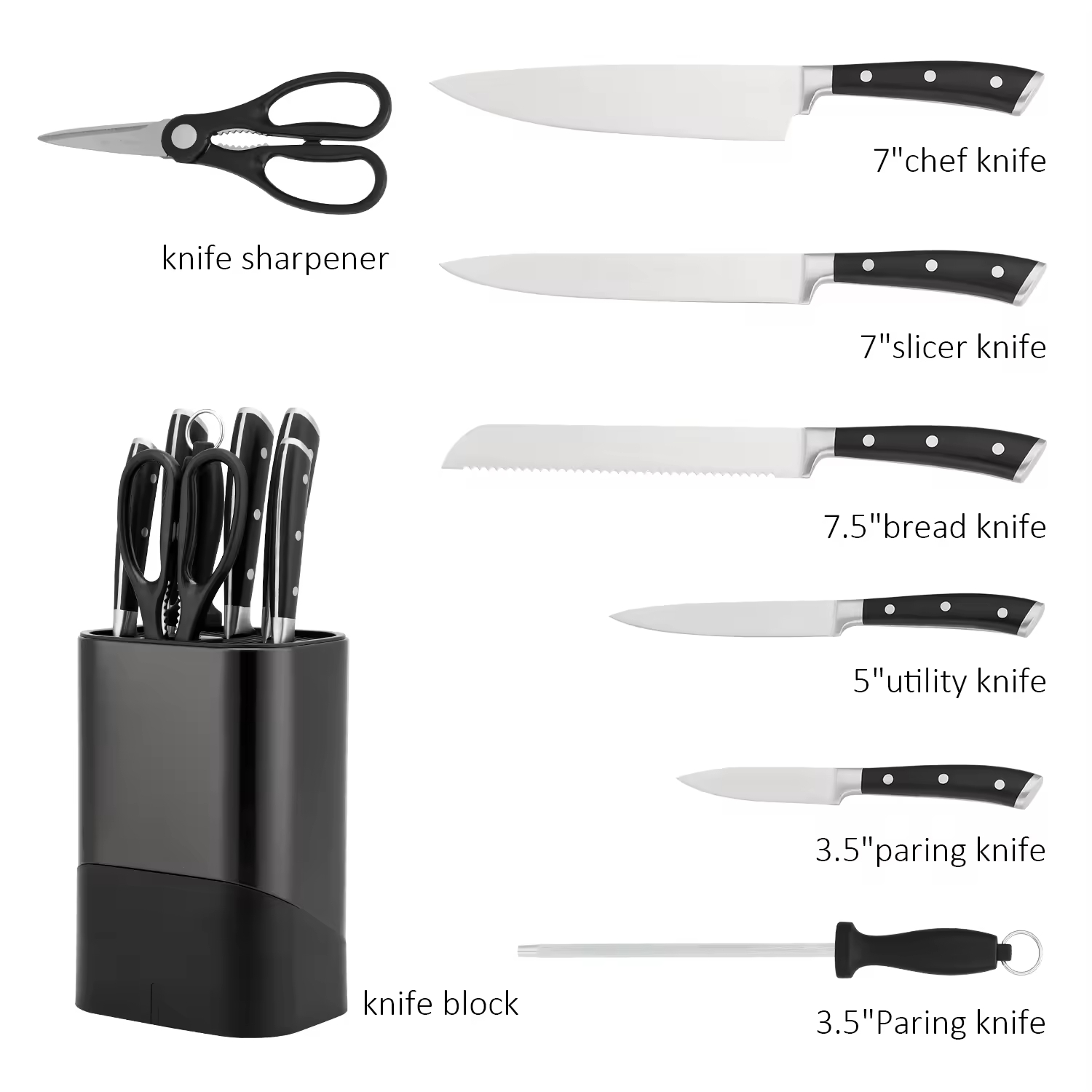 High Quality Traditional Metal Kitchen Cutter Cooking Knives Set ABS Handle Kitchen Chef Knife Kit with Stainless Steel Block