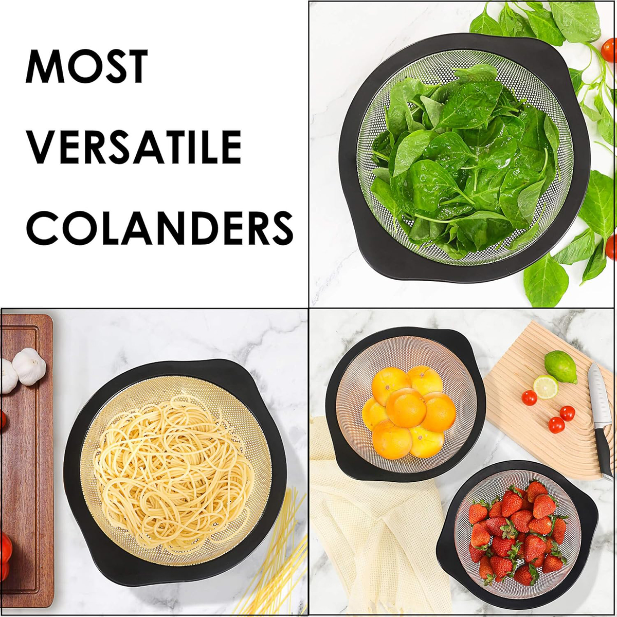 Stainless Steel Colanders Set with Black Non-Slip Handles 2.5/4.3 Quart Capacities Home Kitchen Strainer Set of 2