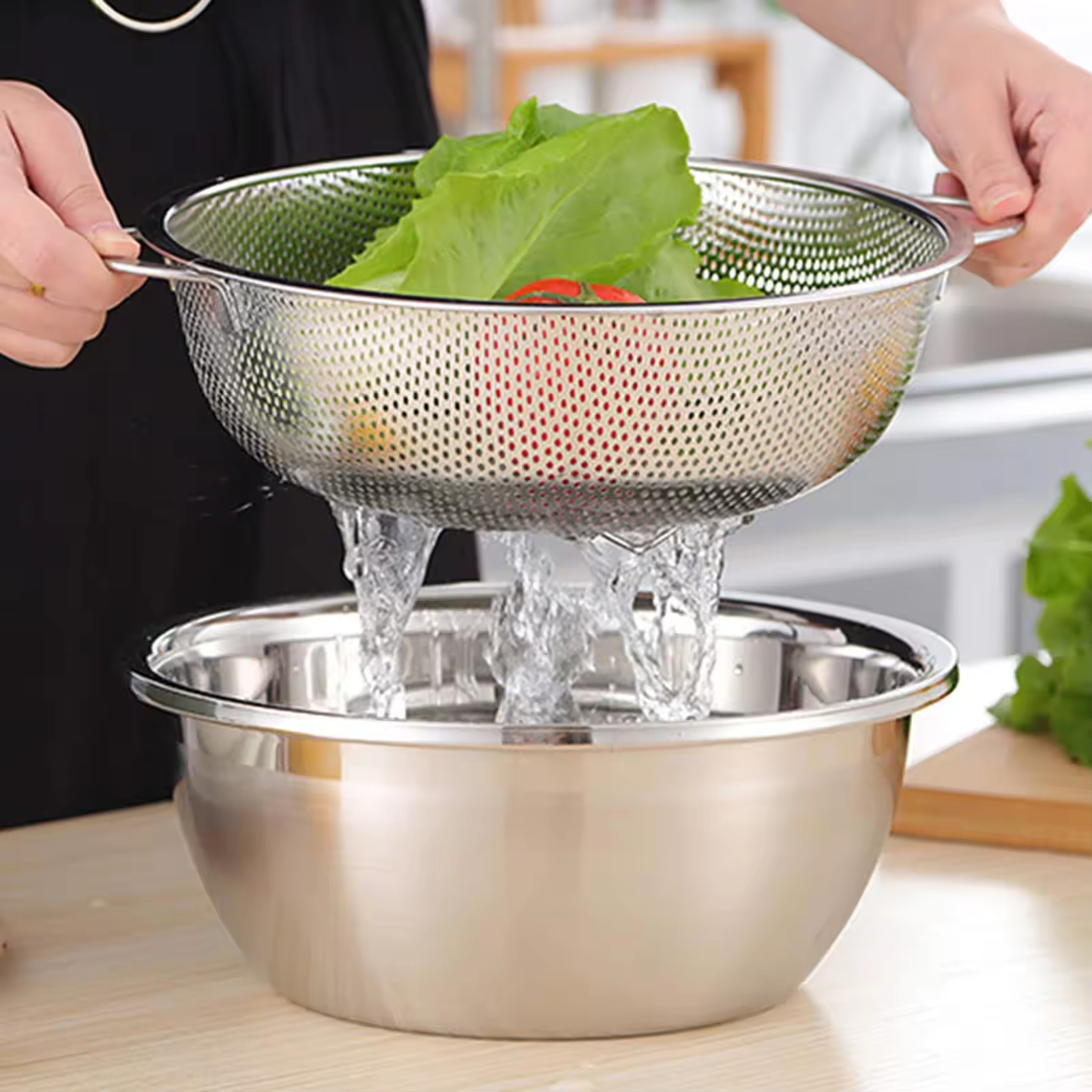 New Stainless Steel Kitchen Strainer Colanders with Handle Kitchen Food Strainer Basket for Washing Vegetable Fruit Vegetable