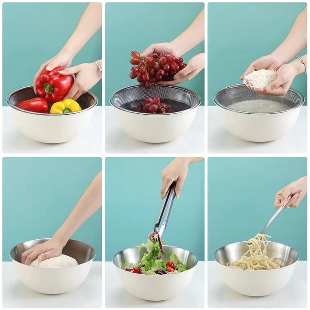 2 in 1 Kitchen Sink Drain Basket Stackable Ss304 Washing Fruit Vegetable Bowls Basin With Stainless Steel Mixing Salad Bowl Sets