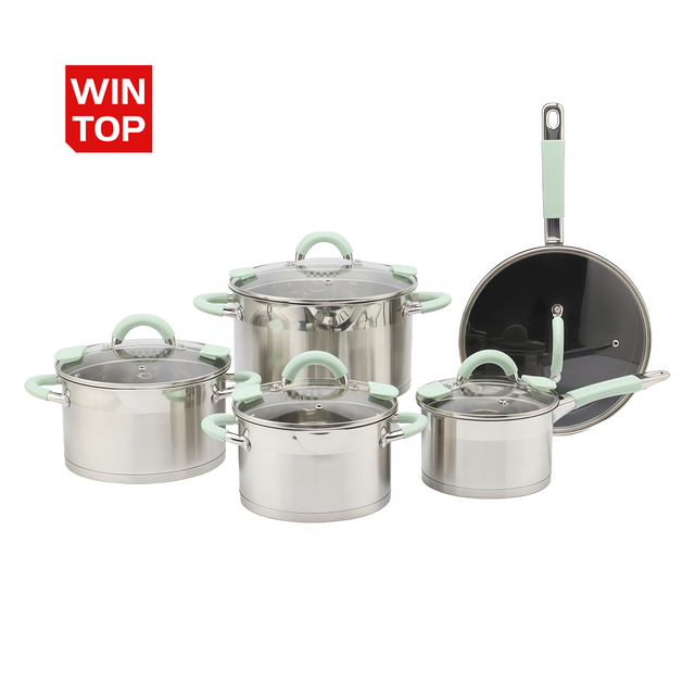 Wholesale Custom Kitchen Utensils Stainless Steel Cooking Pot Set Pots And Pans Set With Silicone Handle 10 Pieces Double Spout Cookware Set