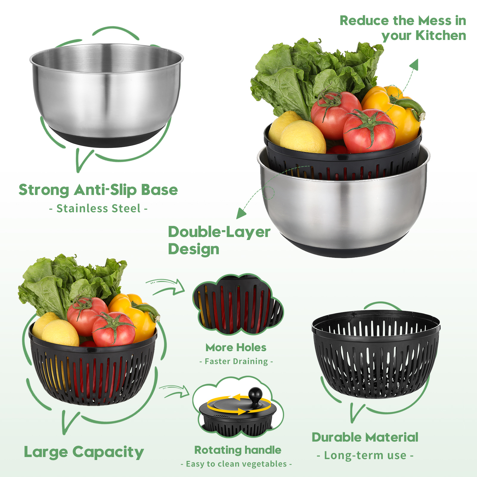 Multifunction Fruits Vegetables Large 5L Stainless Steel Salad Spinner With Grater