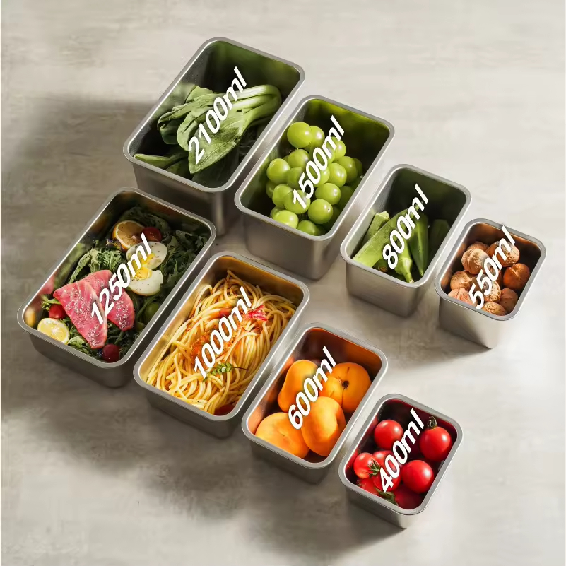 Design 304/316 Stainless Steel Fresh-keeping Box Snap-on Refrigerator Storage Box Heating Food Grade Microwave sealed Box