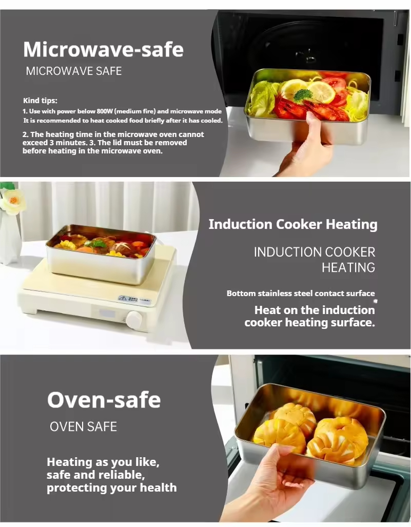 Factory Wholesale 304 Stainless Steel Fresh-keeping Box Refrigerator Storage Tin Box Heating Food Grade Microwave sealed Box