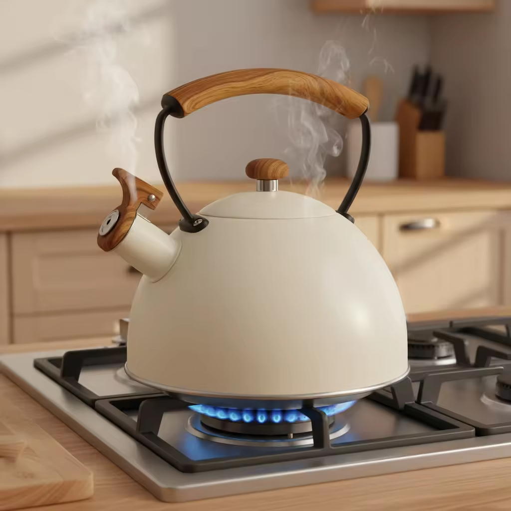 Factory Wholesale 3L Whistling Tea Kettle Pot Wood-Pattern Cool-Touch Handle Stainless Steel Hot Water Teapot for ALL Stovetop