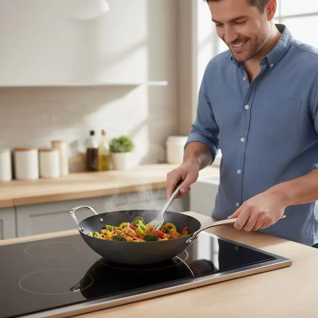 Factory Exclusive Design Seasoned Carbon Steel 14-Inch/35 cm Wok Pan Naturally Non Stick Pans Skillets Induction Compatible