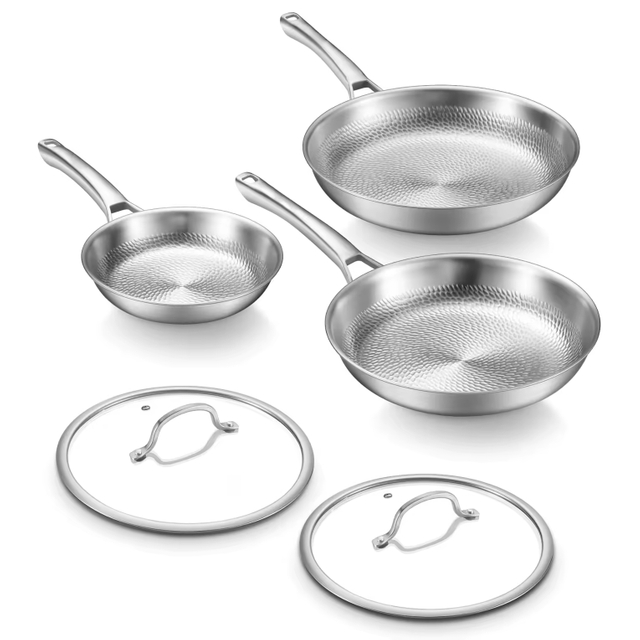 Hot Sale Wholesale 20/24/26/28cm 8inch/10inch/12inch Non-Coating 5 Layer Tri-ply Titanium Stainless Steel Frying Pan Cookware