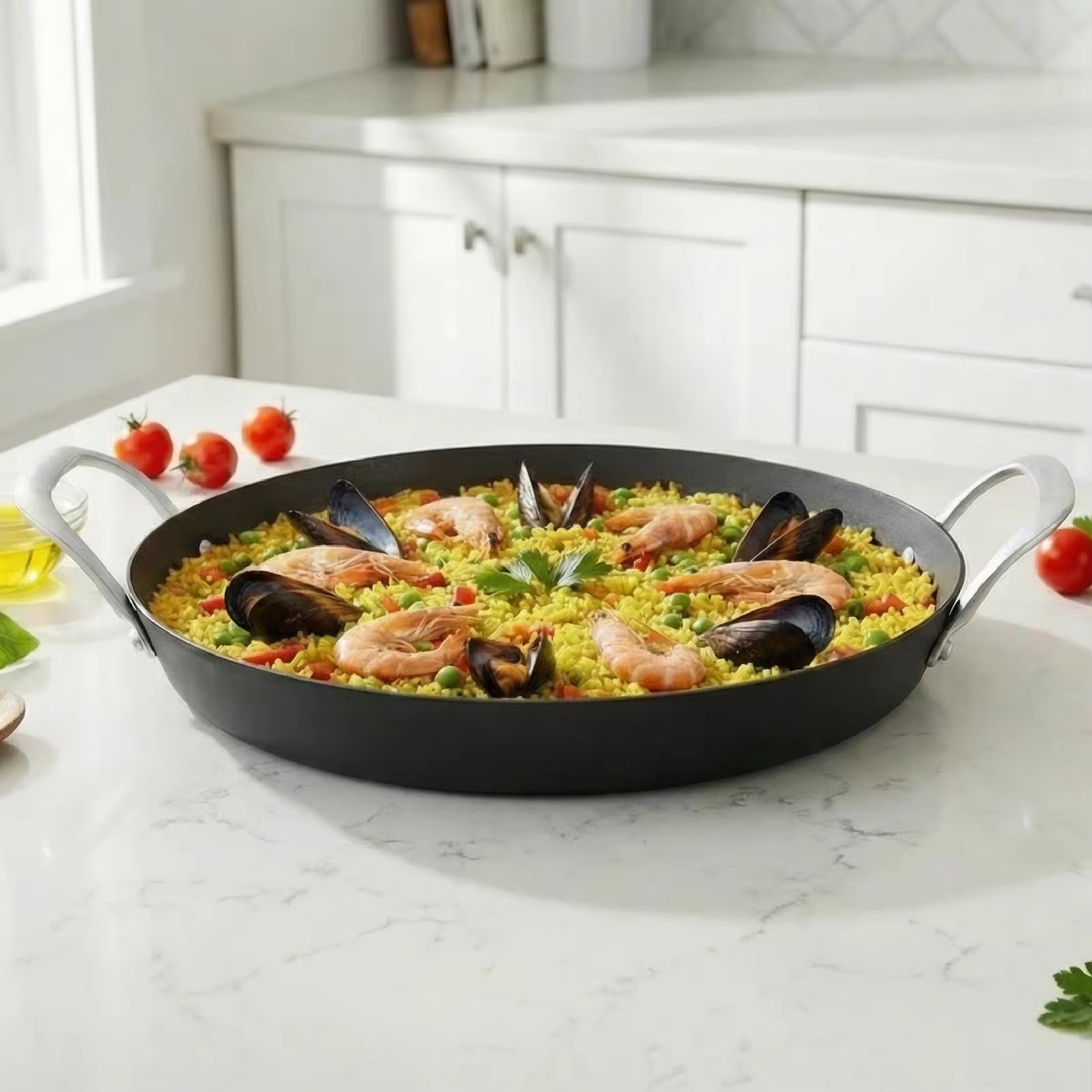 Factory Exclusive Design Seasoned Carbon Steel 14-Inch/35cm Paella Pan Naturally Non Stick Pans Skillets Induction Compatible