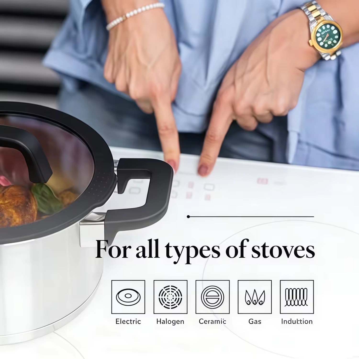 Hot Sale Strainer Lid Cooking Pot Heavy Weight 5 Layer Base Stainless Steel Casserole Soup Pot Stock Pots with Silicone Handle