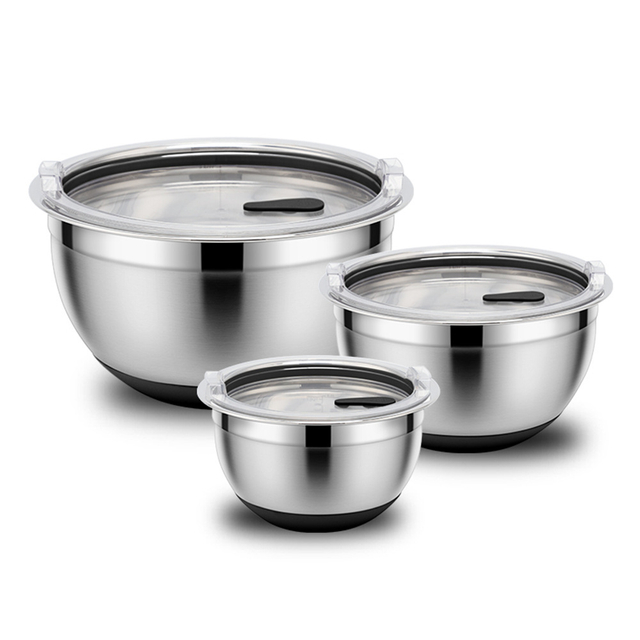 Customized Stainless Steel Mixing Bowl Set with Transparent Lids Eco-Friendly Multi-Function Salad Baking Metal Mixing Bowls