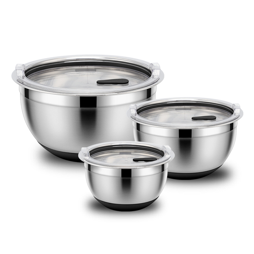 Customized Stainless Steel Mixing Bowl Set with Transparent Lids Eco-Friendly Multi-Function Salad Baking Metal Mixing Bowls