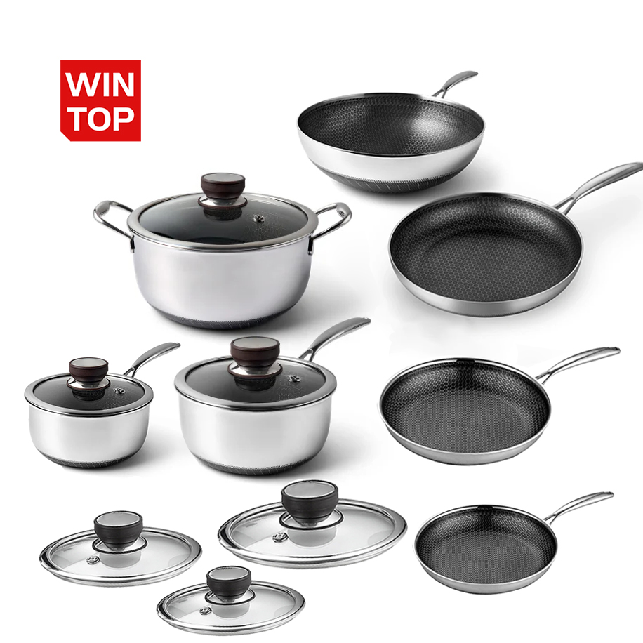 Hybrid Cookware 8/10/12 Inch Cookware Frying Pan Nonstick Honeycomb 20/24/28 Cm Tri-ply Stainless Steel Pan Set Skillets
