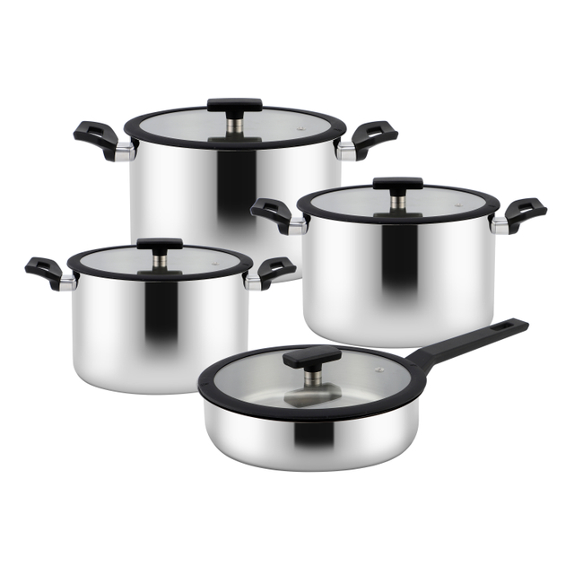 Wholesale Custom 9 Piece Nylon Black Handle Stainless Steel Impact Bonded Bottom Pots And Pans Non-Toxic Kitchen Cookware Set