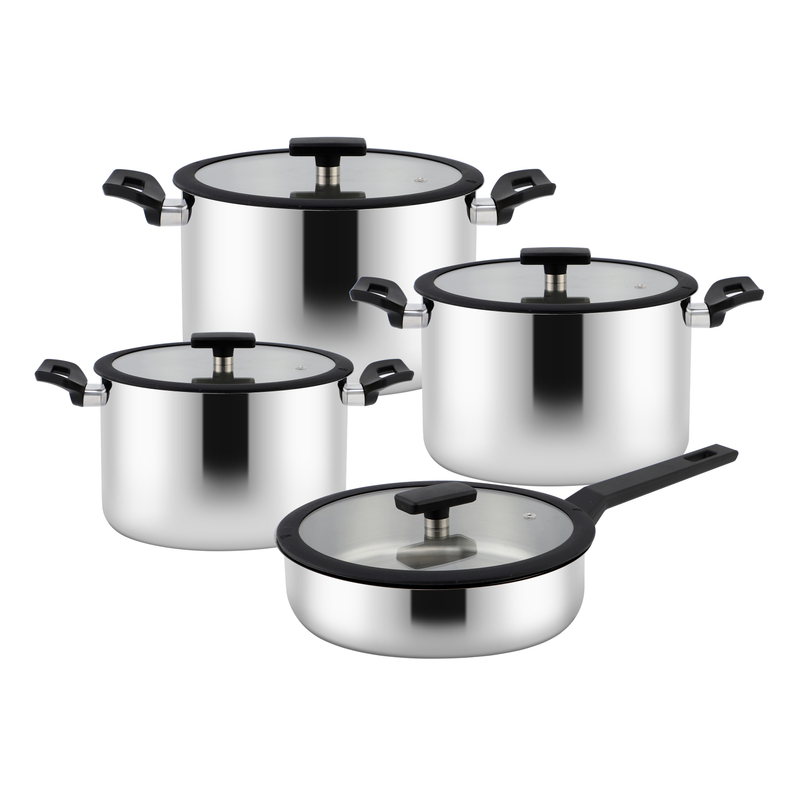 Wholesale Custom 9 Piece Nylon Black Handle Stainless Steel Impact Bonded Bottom Pots And Pans Non-Toxic Kitchen Cookware Set