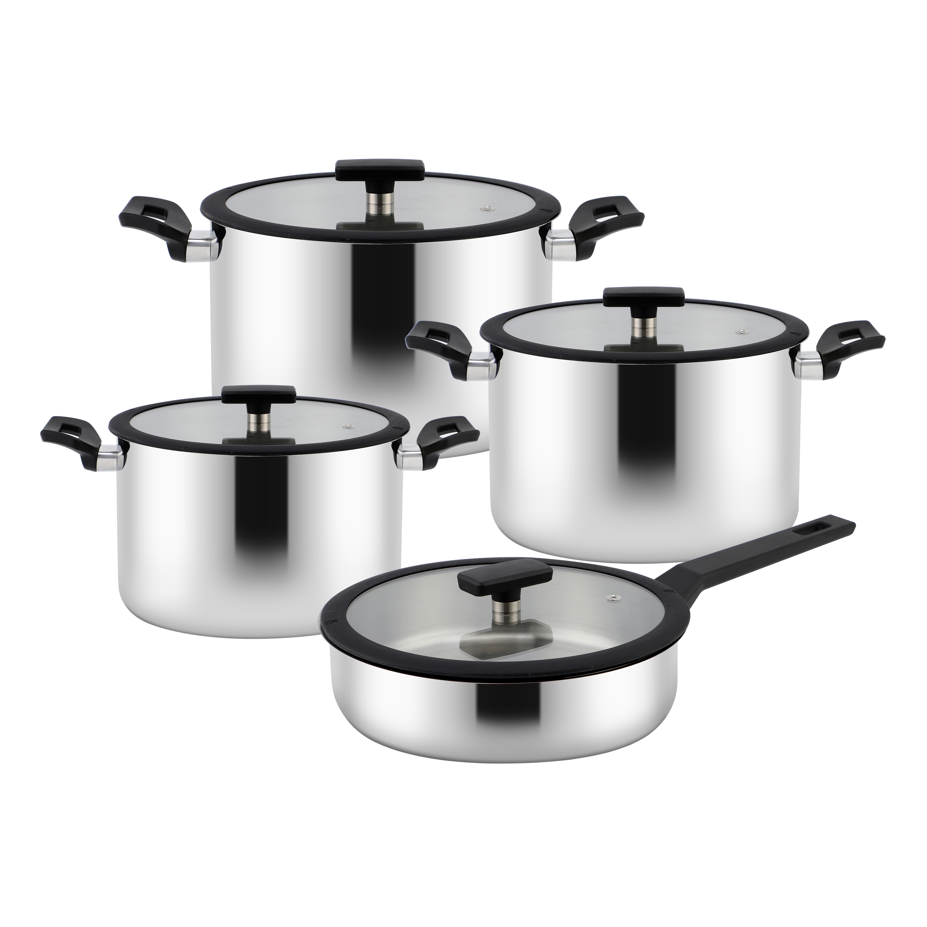 Wholesale Custom 9 Piece Nylon Black Handle Stainless Steel Impact Bonded Bottom Pots And Pans Non-Toxic Kitchen Cookware Set