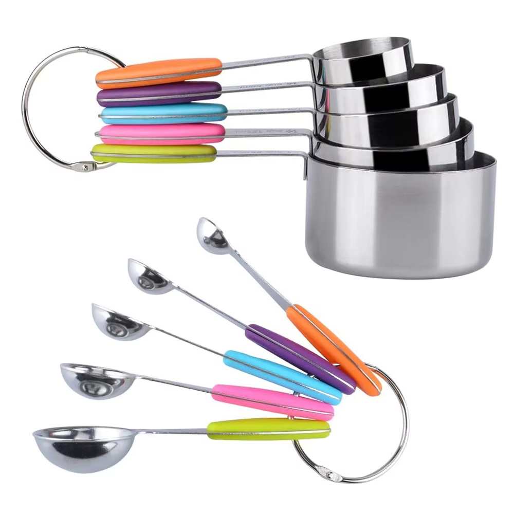 Custom Hot Sell 10 Piece Stainless Steel Measuring Cups and Spoons Set With Silicone Handle