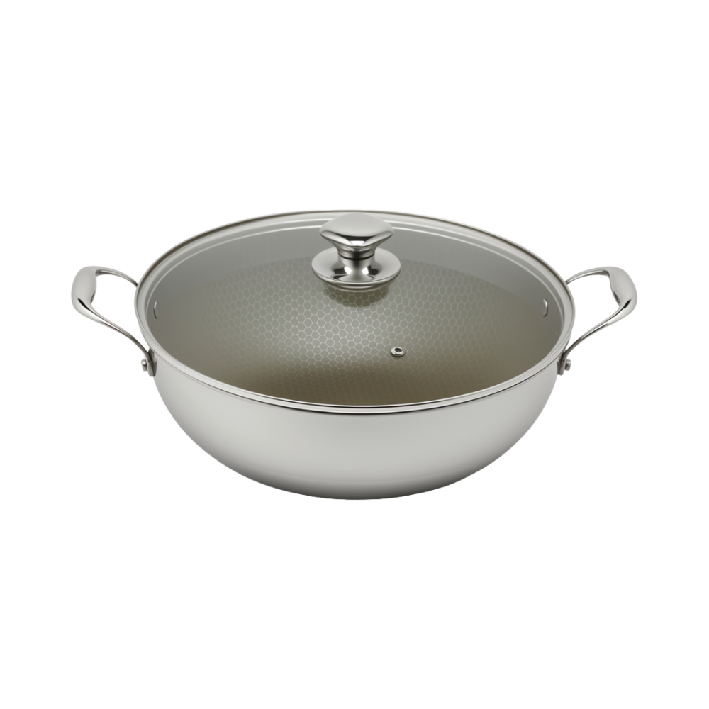Tri-ply Hybrid Pan & Wok with Double Ears PFAS PFOA Free Titanium Coating Stainless Steel Non-stick Wok Pan Cookware With Glass Lid