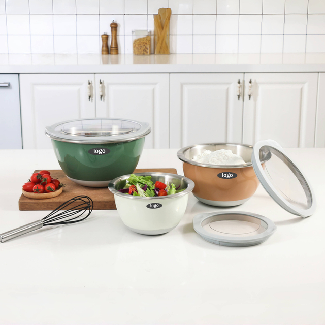 Wholesale Colorful 3-Piece Double Layer Mixing Bowl Set 16/20/24cm Stainless Steel Inside Plastic Outside and Good Grip Wide Rim