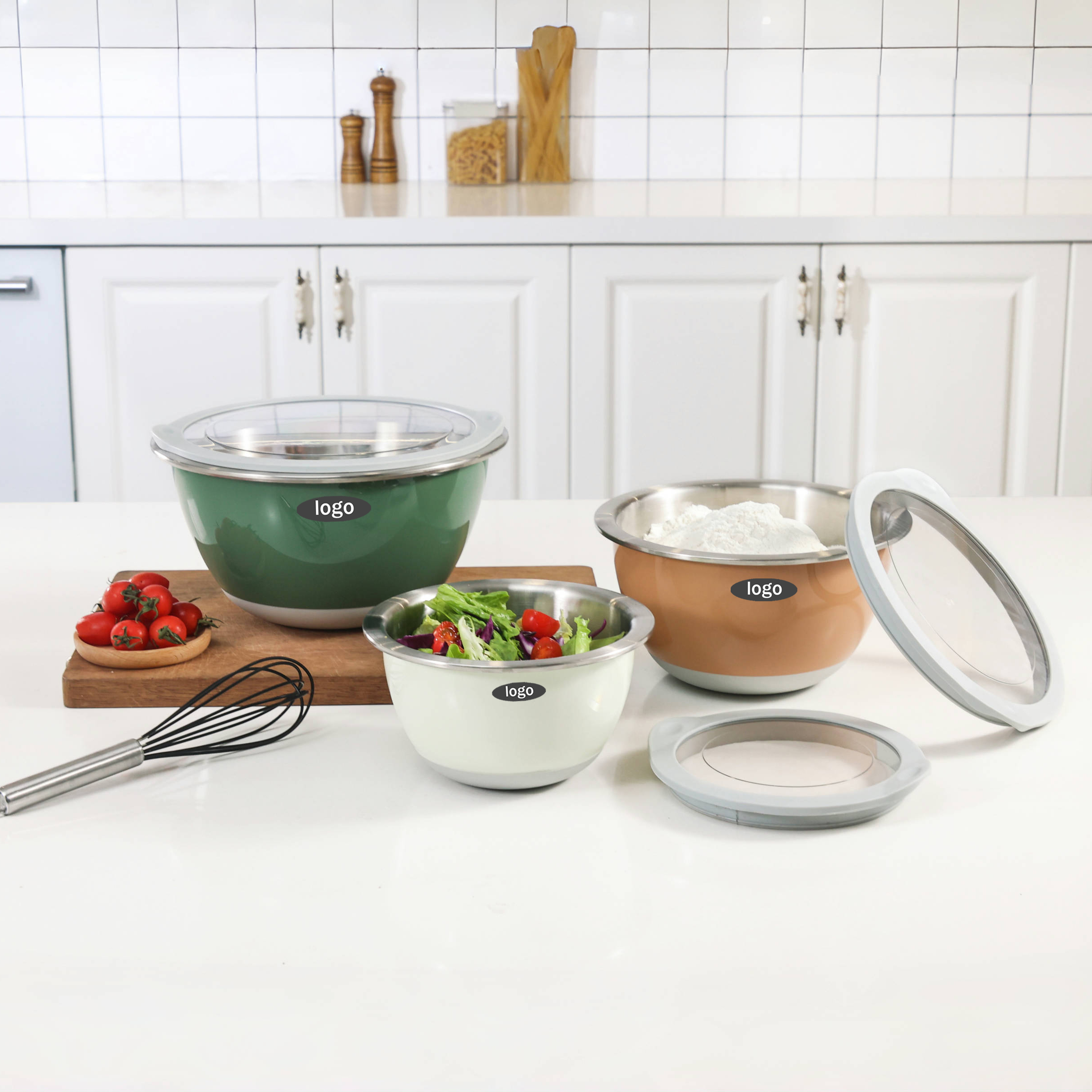 Wholesale Colorful 3-Piece Double Layer Mixing Bowl Set 16/20/24cm Stainless Steel Inside Plastic Outside and Good Grip Wide Rim