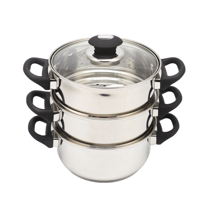 Factory Direct Sales Multi-purpose 3 Layers Steam Pot Stainless Steel Steam Cooker with Steamer Basket and Tempered Glass Lid