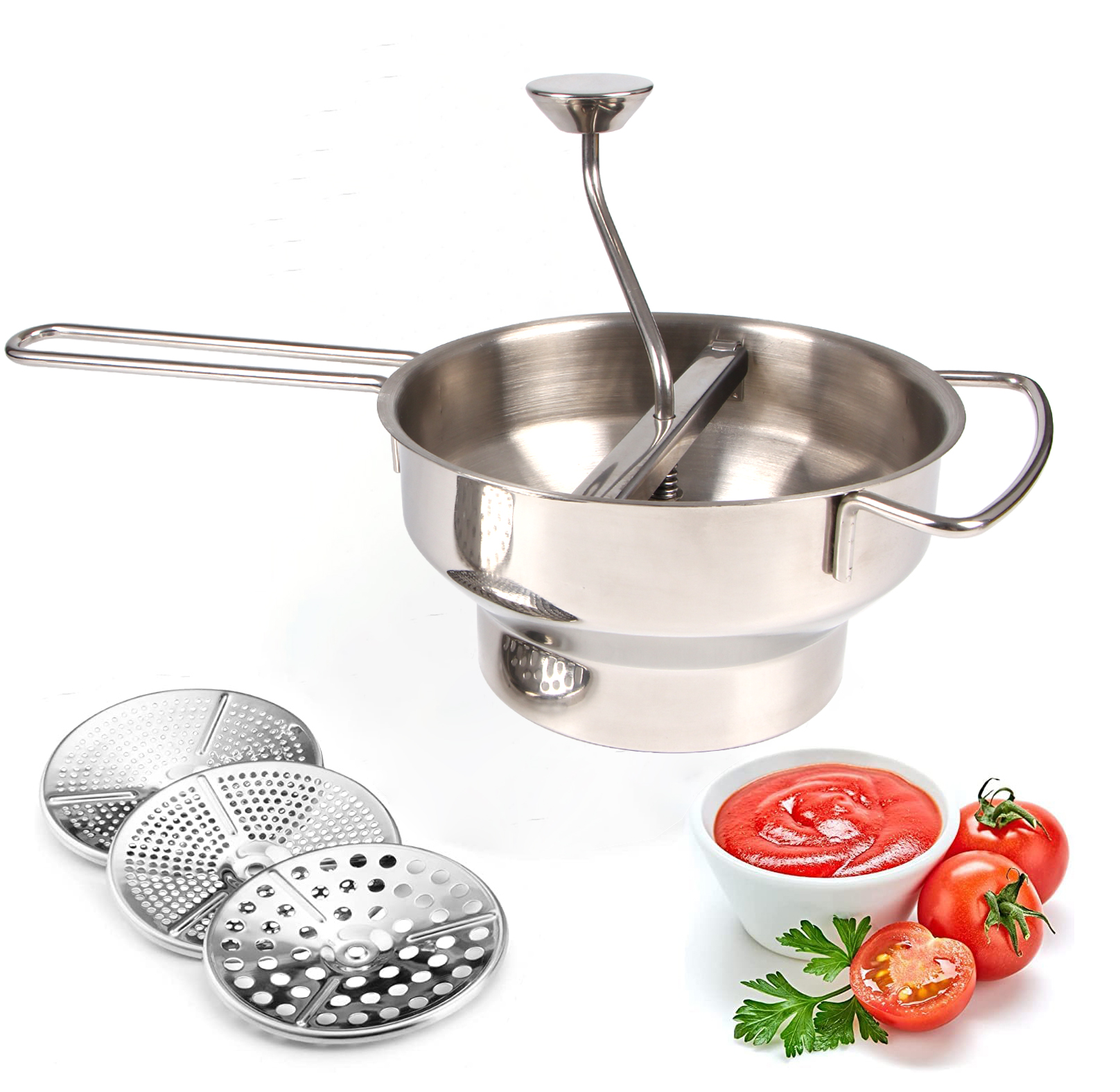 Rotary Stainless Steel Food Mill Strainer Potato Masher Grinder Vegetable Mill Stainless Steel Handle with 3 Milling Discs