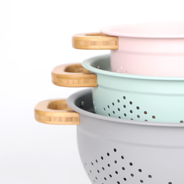 Fruit Vegetable Kitchen Strainer Colanders Set Stainless Steel Drain Wash Storage Drain Basket With Wooden Handle Lid