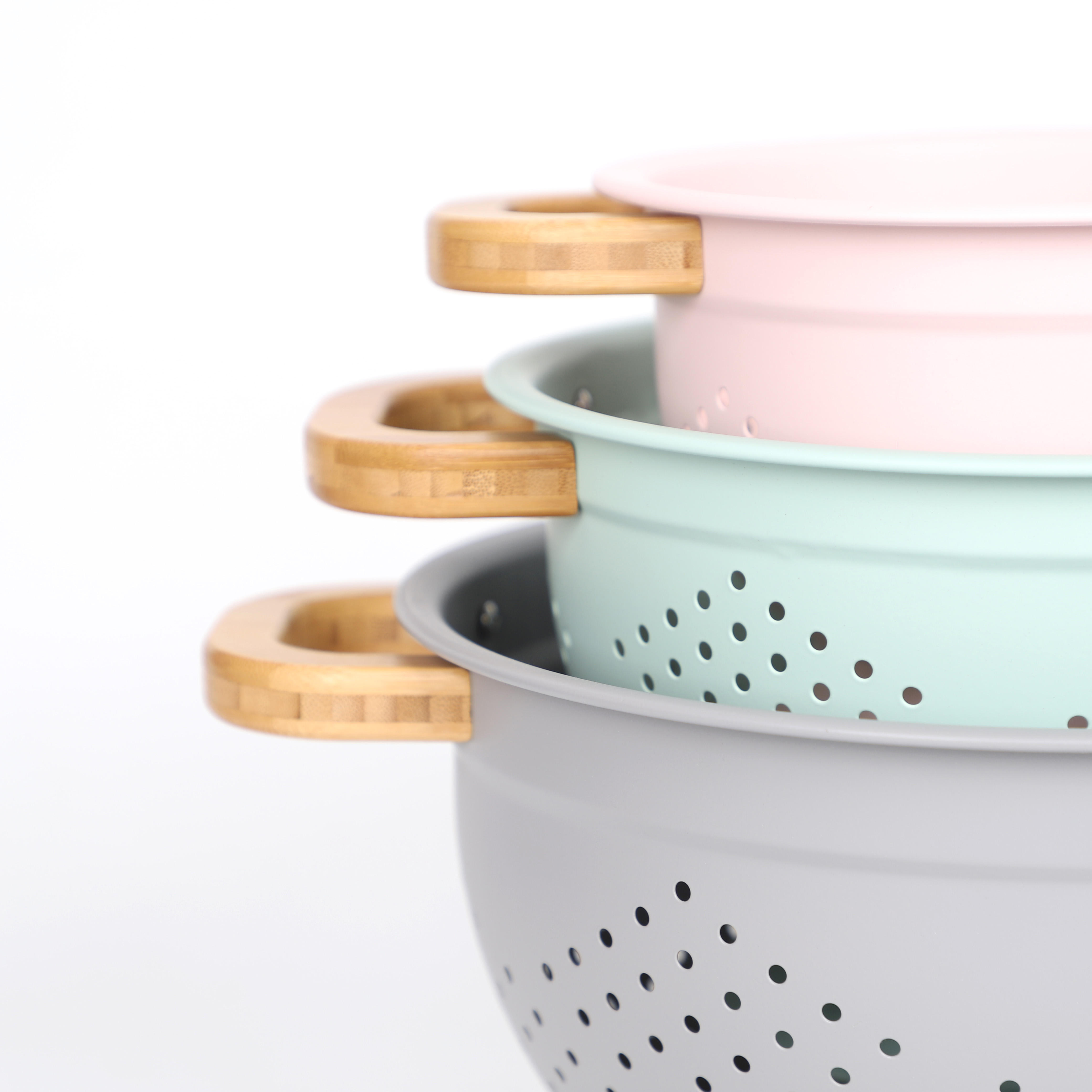 Fruit Vegetable Kitchen Strainer Colanders Set Stainless Steel Drain Wash Storage Drain Basket With Wooden Handle Lid