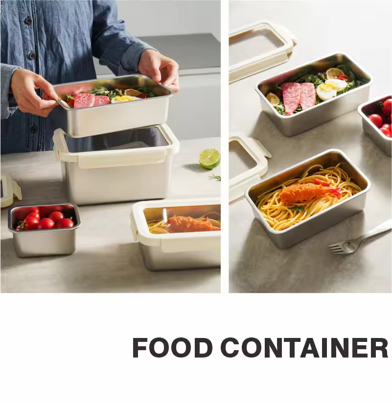 Design 304/316 Stainless Steel Fresh-keeping Box Snap-on Refrigerator Storage Box Heating Food Grade Microwave sealed Box