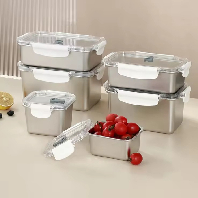 Design 304 Stainless Steel Fresh-keeping Box Snap-on Refrigerator Storage Tin Box Heating Food Grade Microwave sealed Box