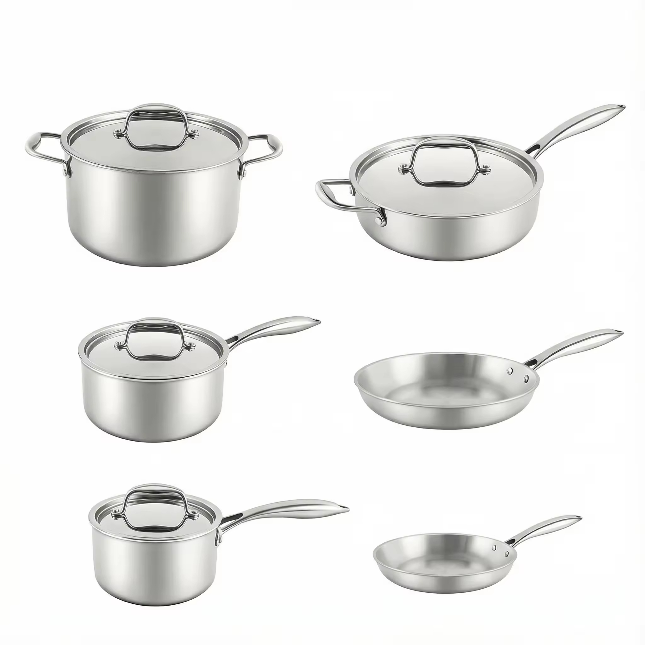 Modern Stainless Steel 10-Piece Cooking Pot Set Eco-Friendly Oven Safe Induction Bottom Tempered Glass Lid Metal Pans Efficient