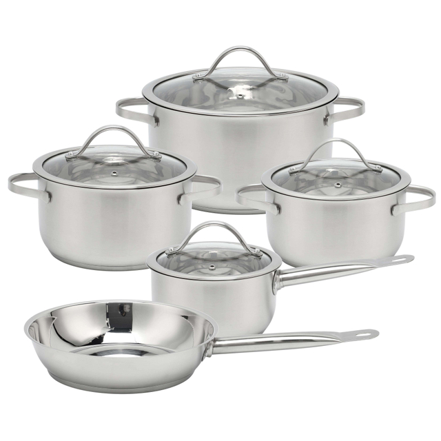 Wholesale Custom Kitchen Stainless Steel Cooking Pot Casserole Set Soup Pots and Frying Pans Set 9 Pieces Cookware Sets