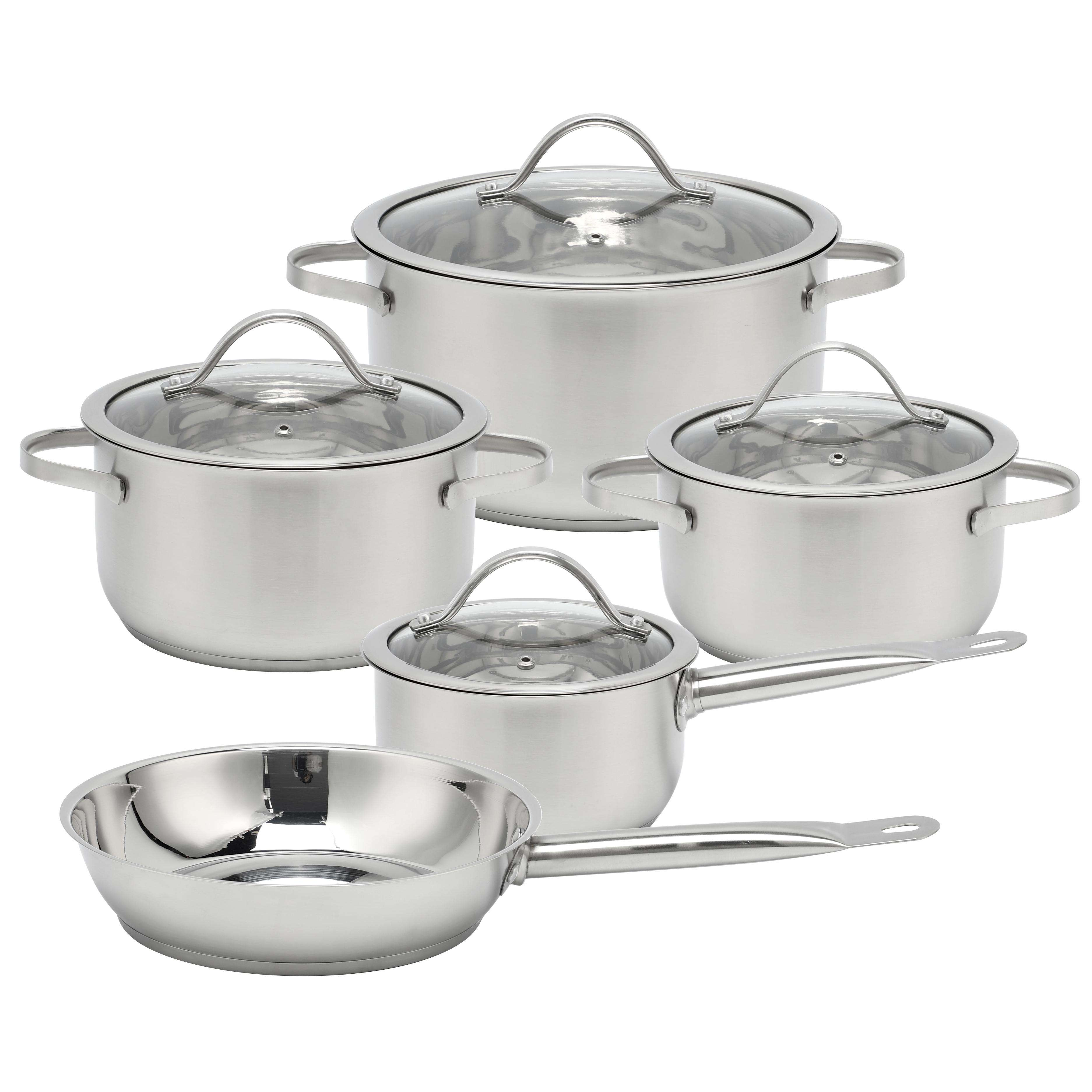 Wholesale Custom Kitchen Stainless Steel Cooking Pot Casserole Set Soup Pots and Frying Pans Set 9 Pieces Cookware Sets