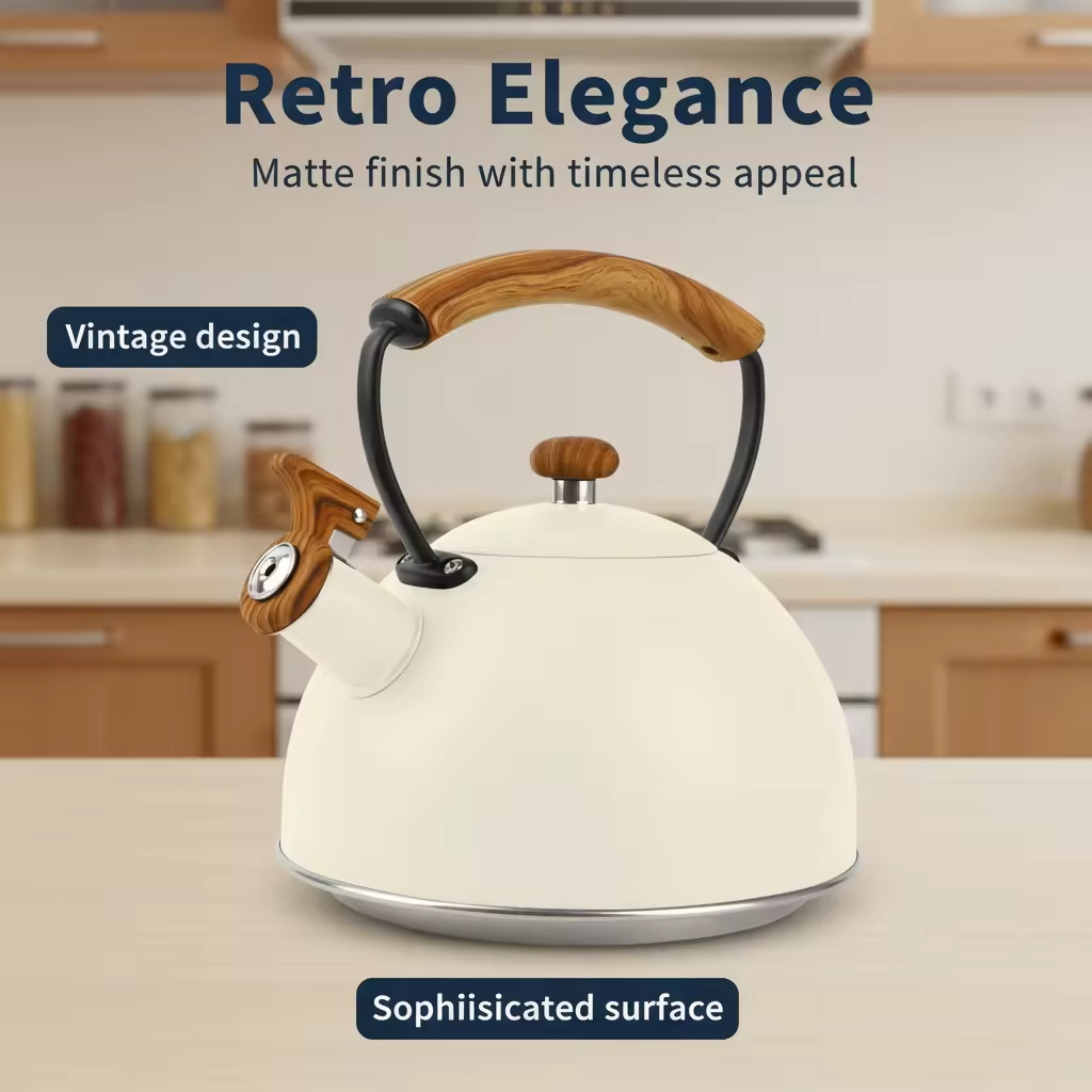 Factory Wholesale 3L Whistling Tea Kettle Pot Wood-Pattern Cool-Touch Handle Stainless Steel Hot Water Teapot for ALL Stovetop