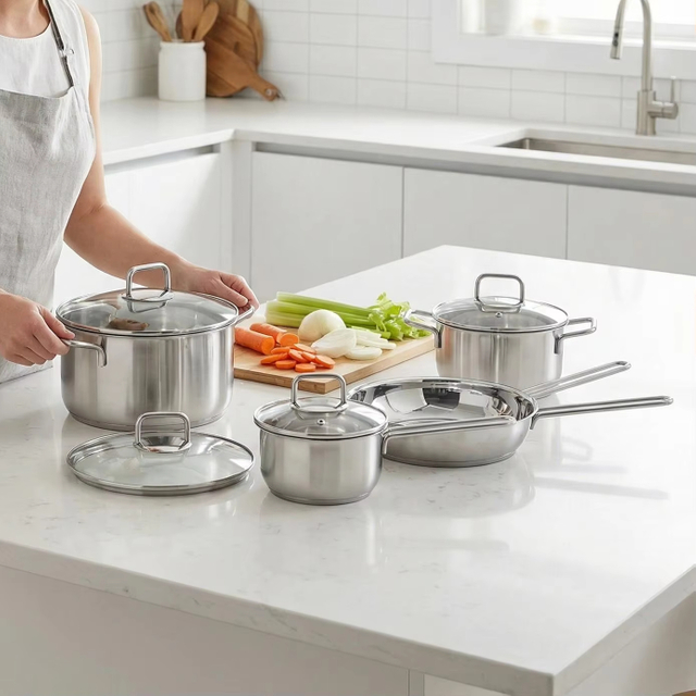 10PCS Stainless Steel Pots and Pans Set with Handle Kitchen Cookware Induction Pots Sets with Glass Lids with All Stovetops