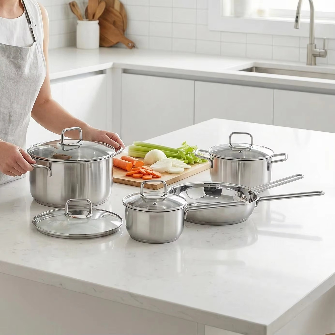 10PCS Stainless Steel Pots and Pans Set with Handle Kitchen Cookware Induction Pots Sets with Glass Lids with All Stovetops