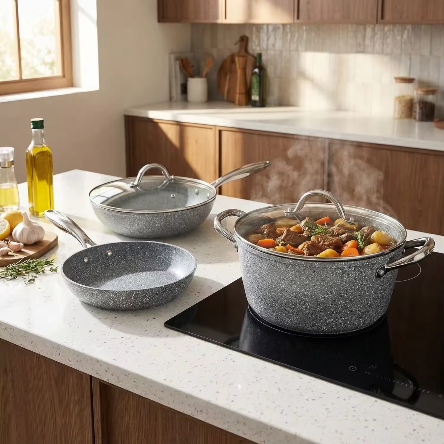 10 PCS Modern Home Kitchen Recycled Heavy Gauge Aluminum Nonstick Cooking Pot Set with Steel Handle Easy Clean Marble Finish