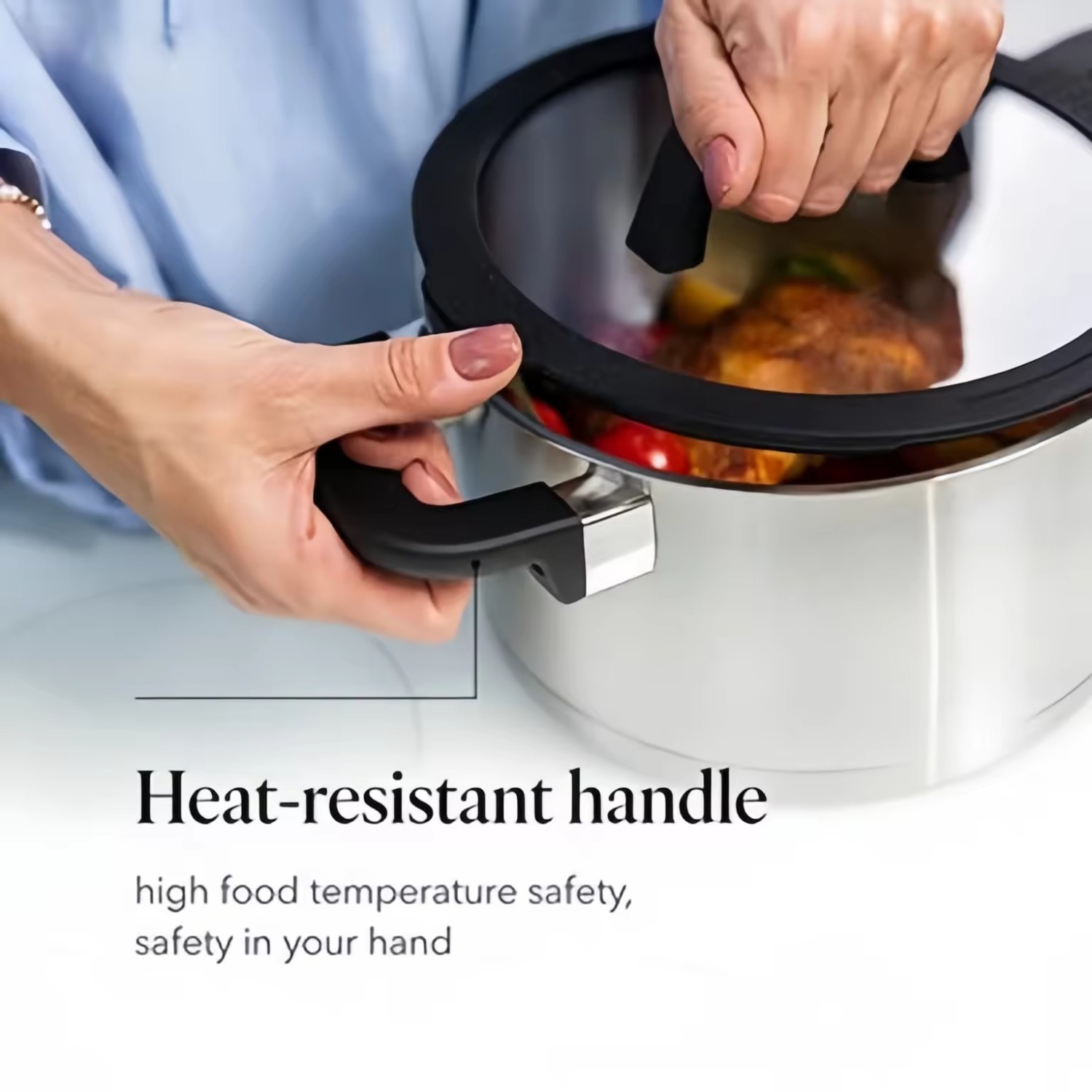 Hot Sale Strainer Lid Cooking Pot Heavy Weight 5 Layer Base Stainless Steel Casserole Soup Pot Stock Pots with Silicone Handle