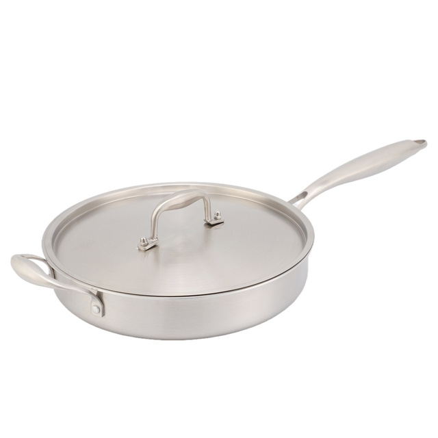 High Quality 316 Stainless Steel Cook Saute Pan Three Layer Steel Double Ear Frying Pan Rapid Heat Conduction Sauting Fry Pan with Steel Lid