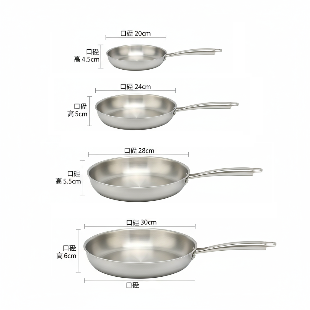 Hot Sale Wholesale 3 Layer Tri-ply Stainless Steel Pan 20/24/26/28cm 8inch/10inch/12inch Non-Coating Cookware Frying Pan