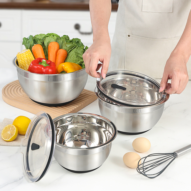 Customized Stainless Steel Mixing Bowl Set with Transparent Lids Eco-Friendly Multi-Function Salad Baking Metal Mixing Bowls