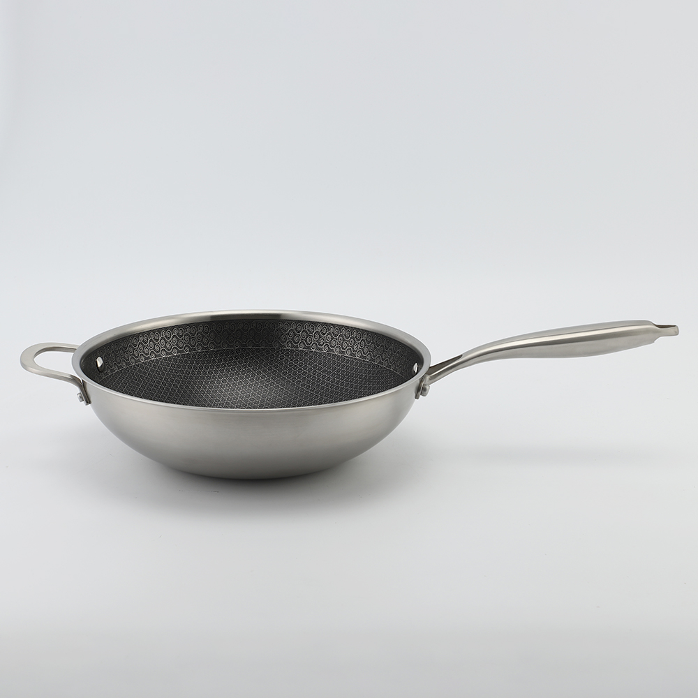 Tri-ply Hybrid Pan & Wok with Double Ears PFAS PFOA Free Honeycomb Stainless Steel Non-stick Wok Pan Cookware With Glass Lid