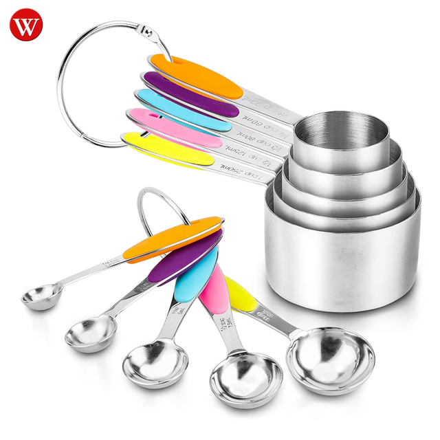 Custom Hot Sell 10 Piece Stainless Steel Measuring Cups and Spoons Set With Silicone Handle