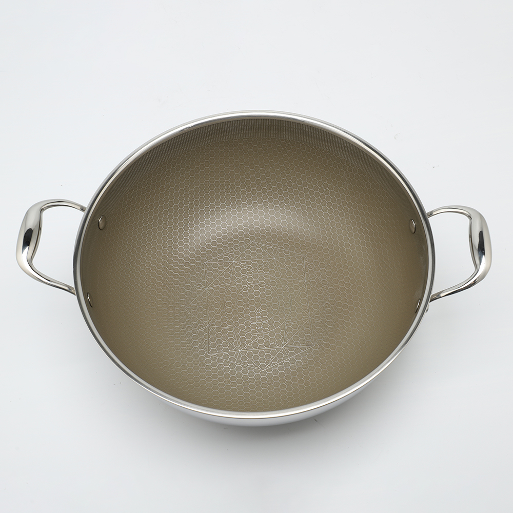 Tri-ply Hybrid Pan & Wok with Double Ears PFAS PFOA Free Titanium Coating Stainless Steel Non-stick Wok Pan Cookware With Glass Lid