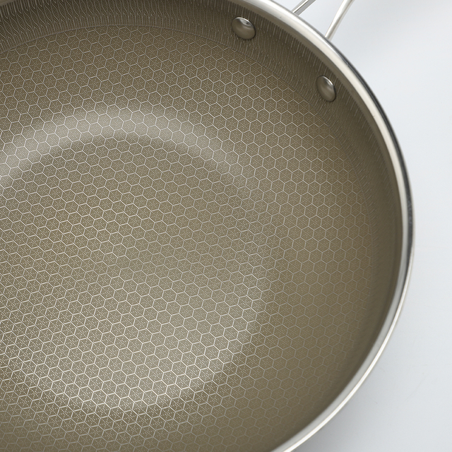 Tri-ply Hybrid Pan & Wok with Double Ears PFAS PFOA Free Titanium Coating Stainless Steel Non-stick Wok Pan Cookware With Glass Lid