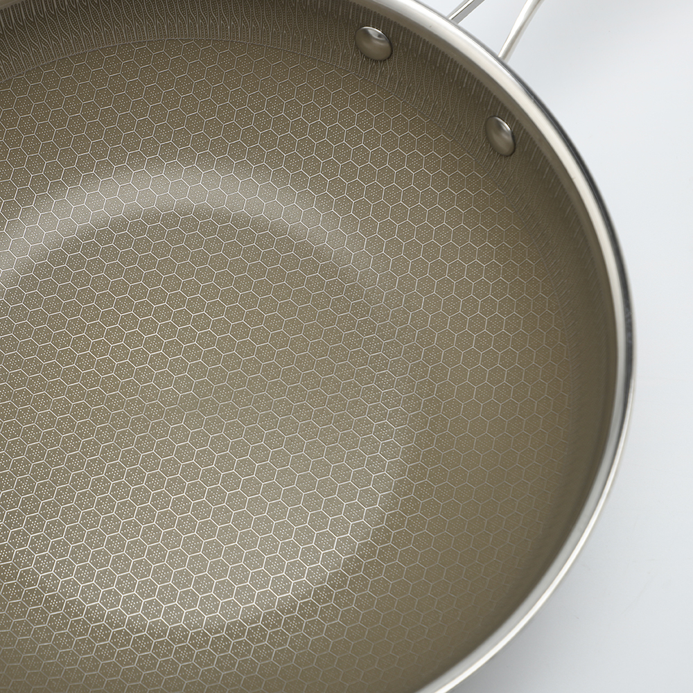 Tri-ply Hybrid Pan & Wok with Double Ears PFAS PFOA Free Titanium Coating Stainless Steel Non-stick Wok Pan Cookware With Glass Lid