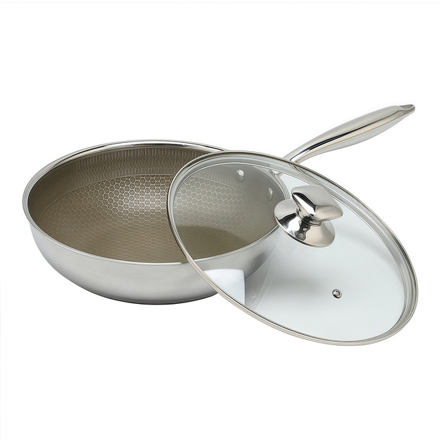 Tri-ply Hybrid Pan & Wok with Double Ears PFAS PFOA Free Titanium Coating Stainless Steel Non-stick Wok Pan Cookware With Glass Lid