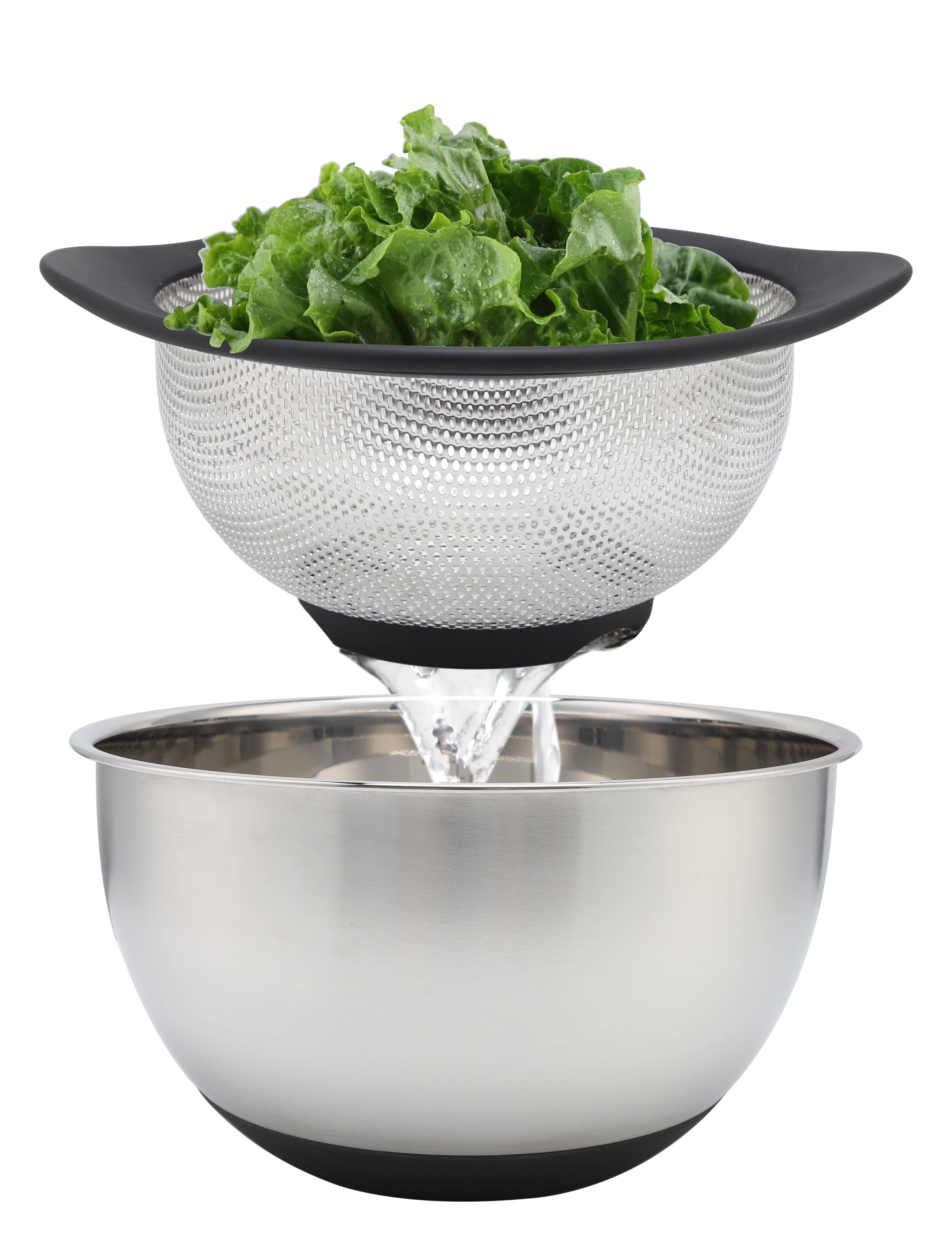 Stainless Steel Colanders Set with Black Non-Slip Handles 2.5/4.3 Quart Capacities Home Kitchen Strainer Set of 2