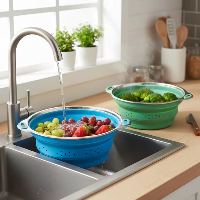 New Stainless Steel Base Folding Silicone Collapsible Colander Folding Kitchen Strainer With Handle Kitchen Silicone Basket