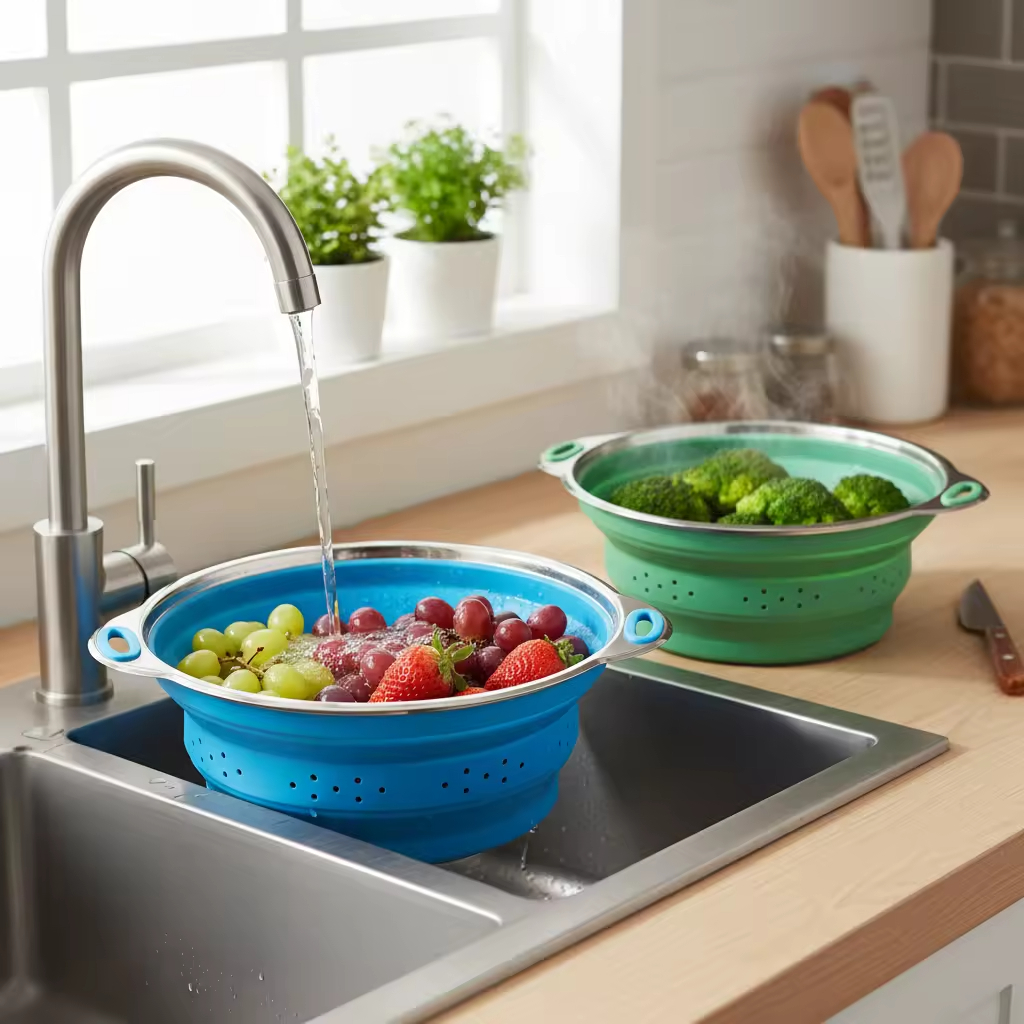 New Stainless Steel Base Folding Silicone Collapsible Colander Folding Kitchen Strainer With Handle Kitchen Silicone Basket