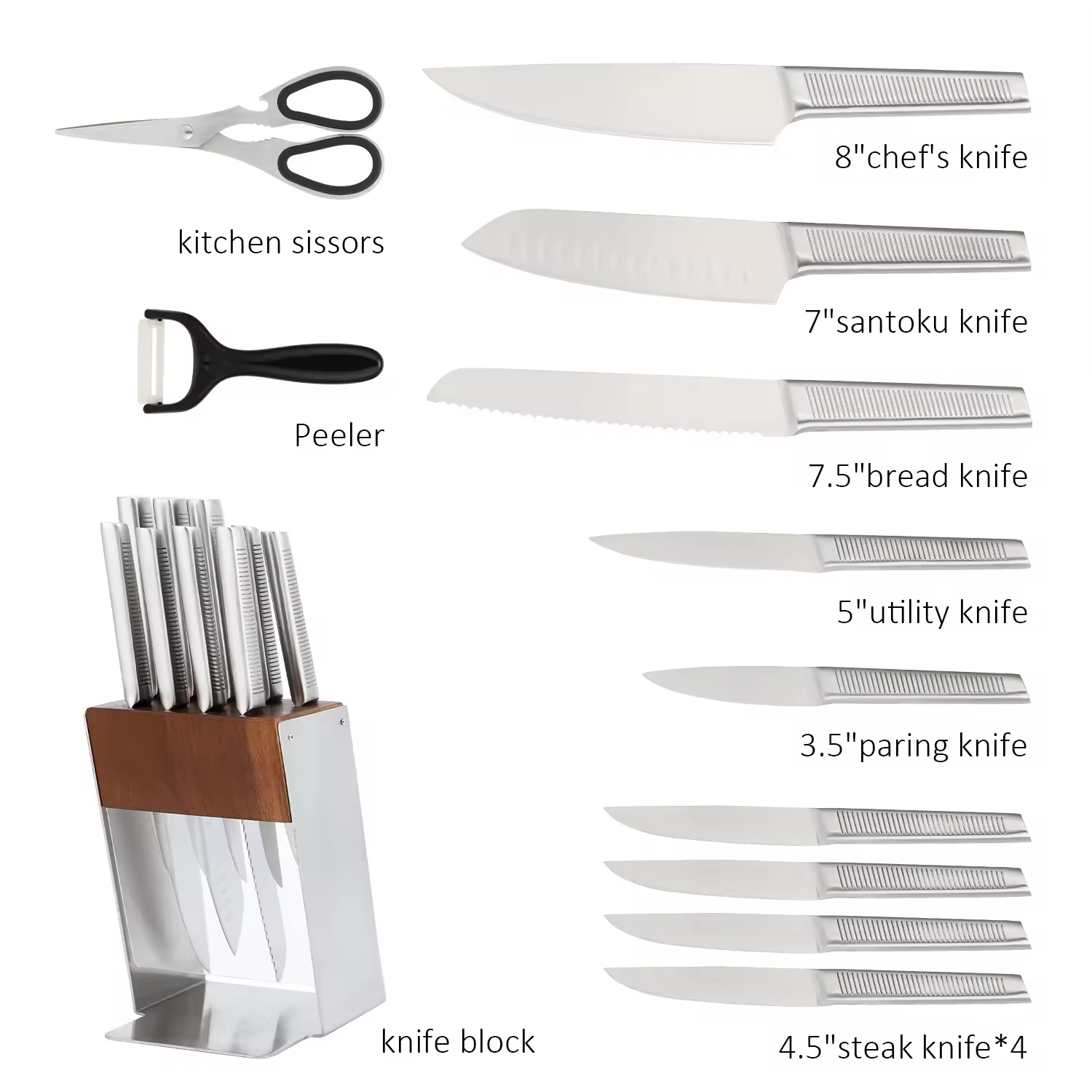 High Quality Traditional Metal Kitchen Cutter Classic Stainless Steel Knife Set with Wood Block